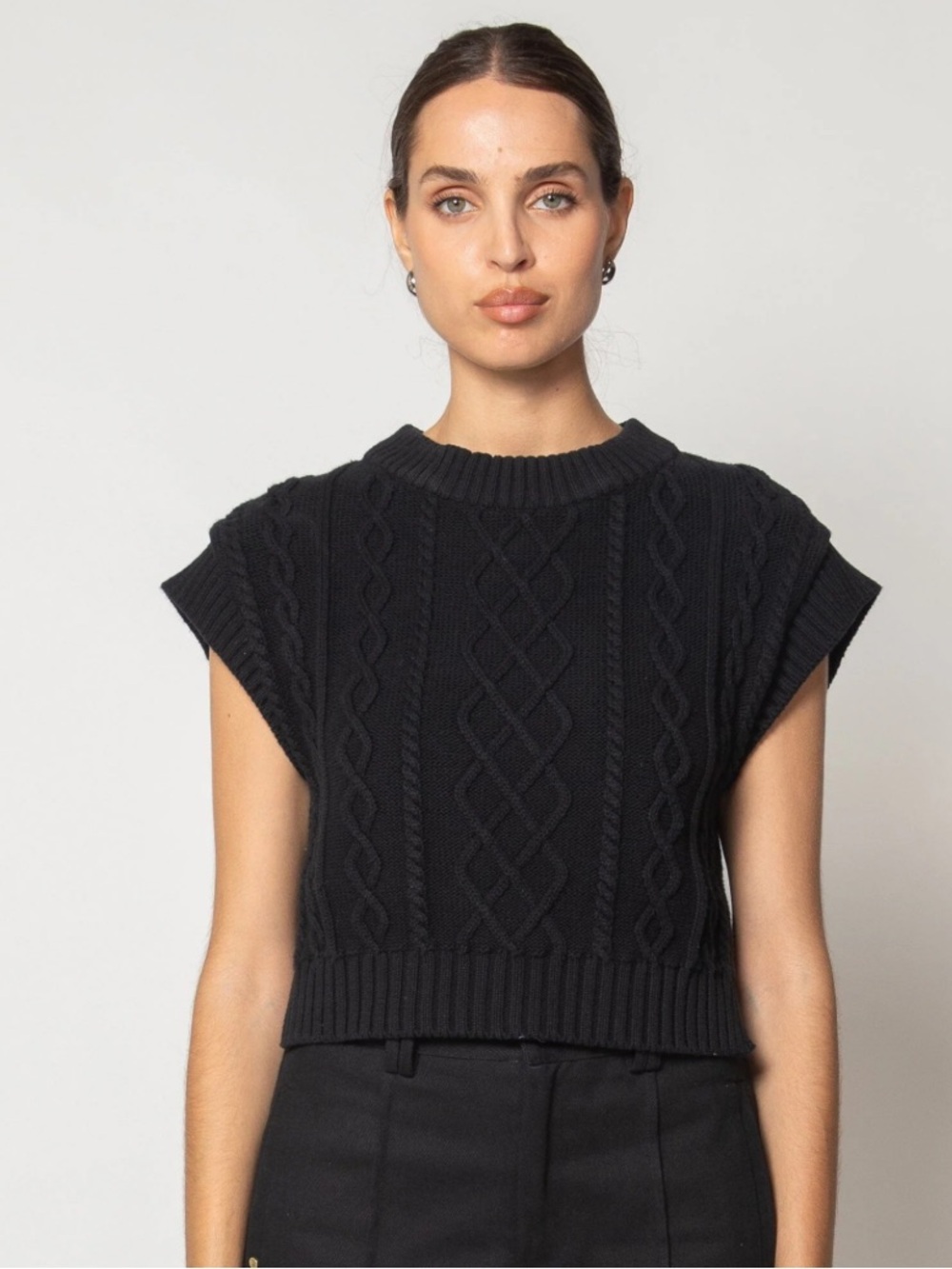 Cleobella Black Cable Knit Cap Sleeve Sweater Top